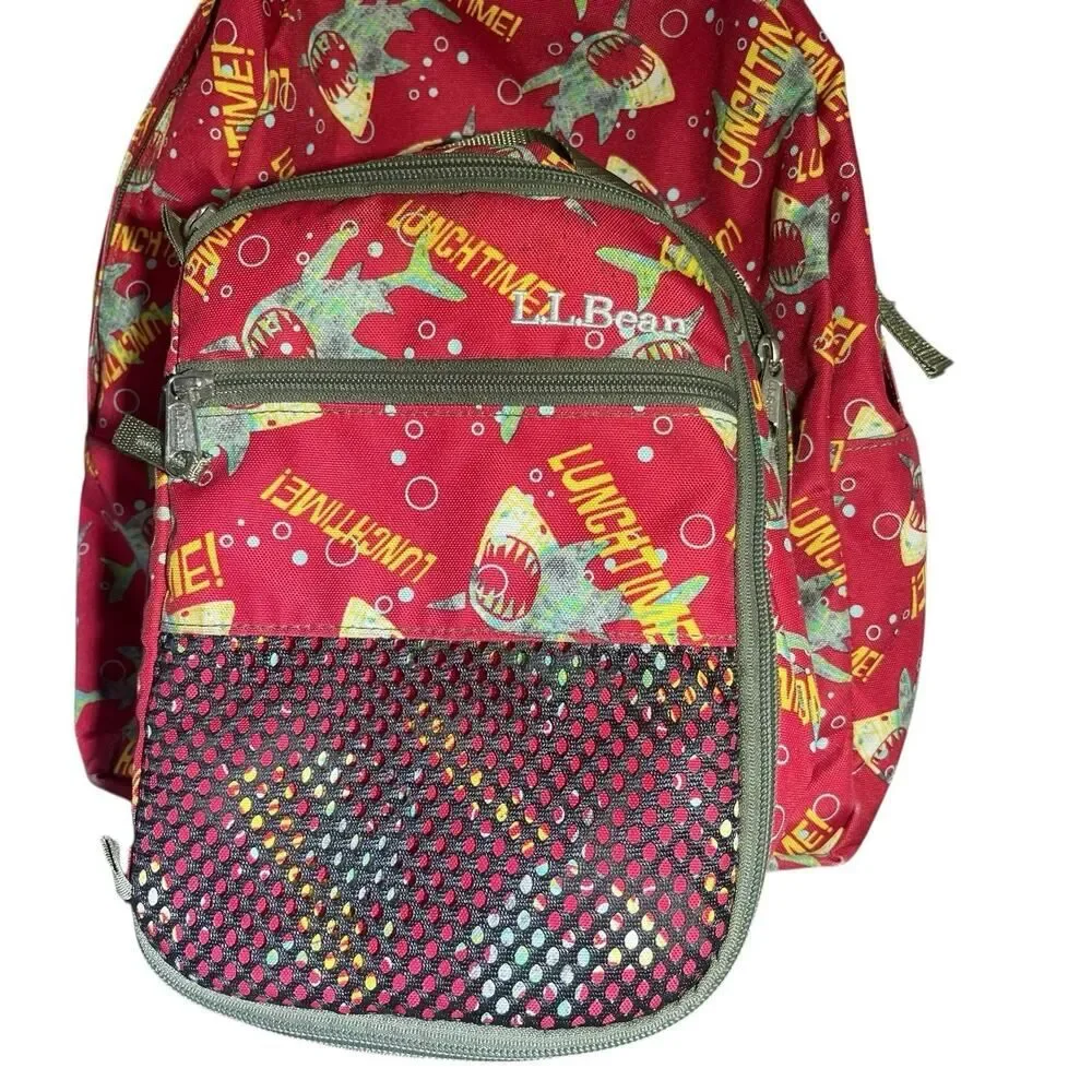 LL Bean Junior Backpack Multicolor Shark Pattern Padded Book Bag With Lunch Bag